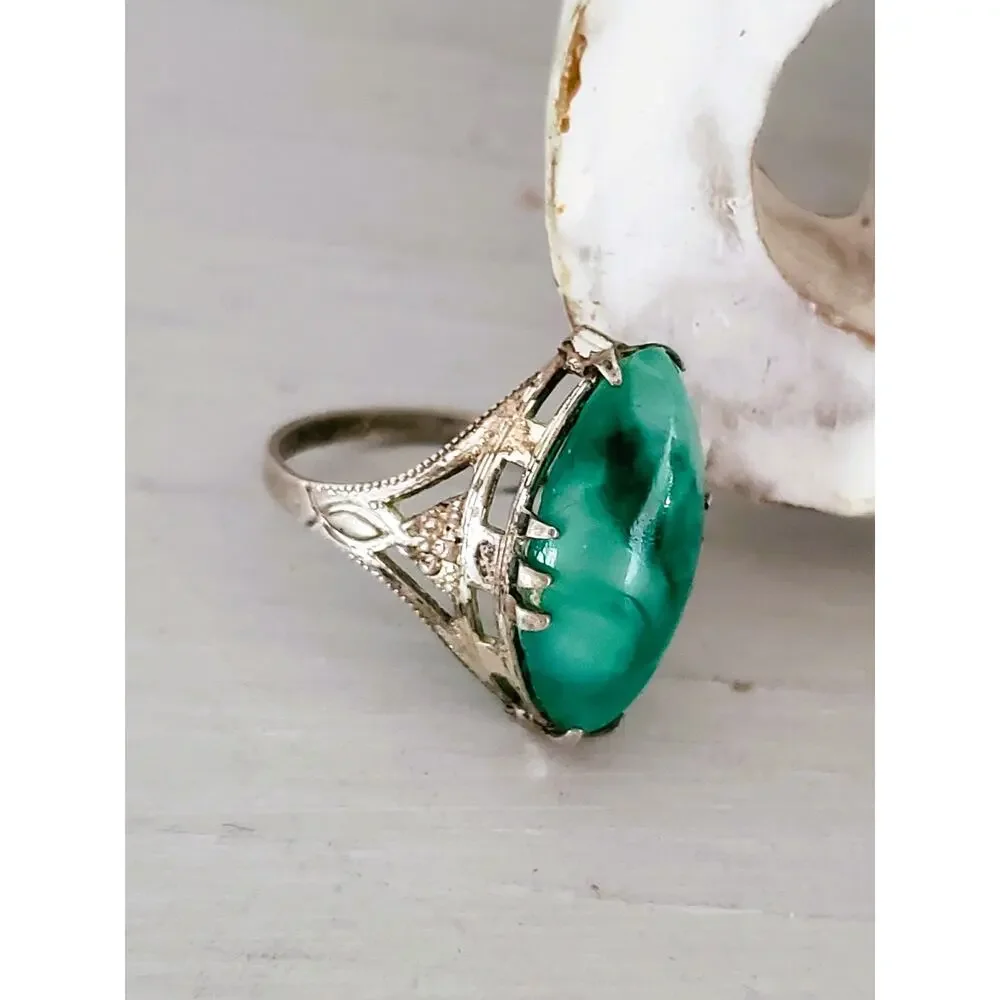 Vintage Sterling Silver Filigree Peking Glass Pinky Ring